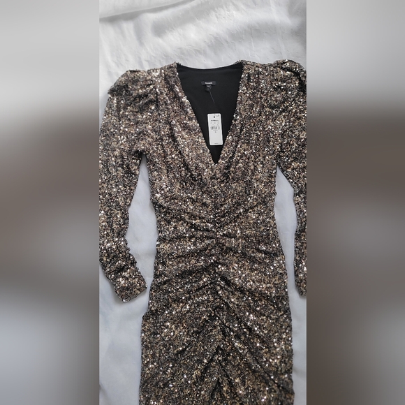 NWT!Express Sequin Silver V-Neck Puff Sleeve Ruched Midi Sheath Dress Size XS - Picture 12 of 15